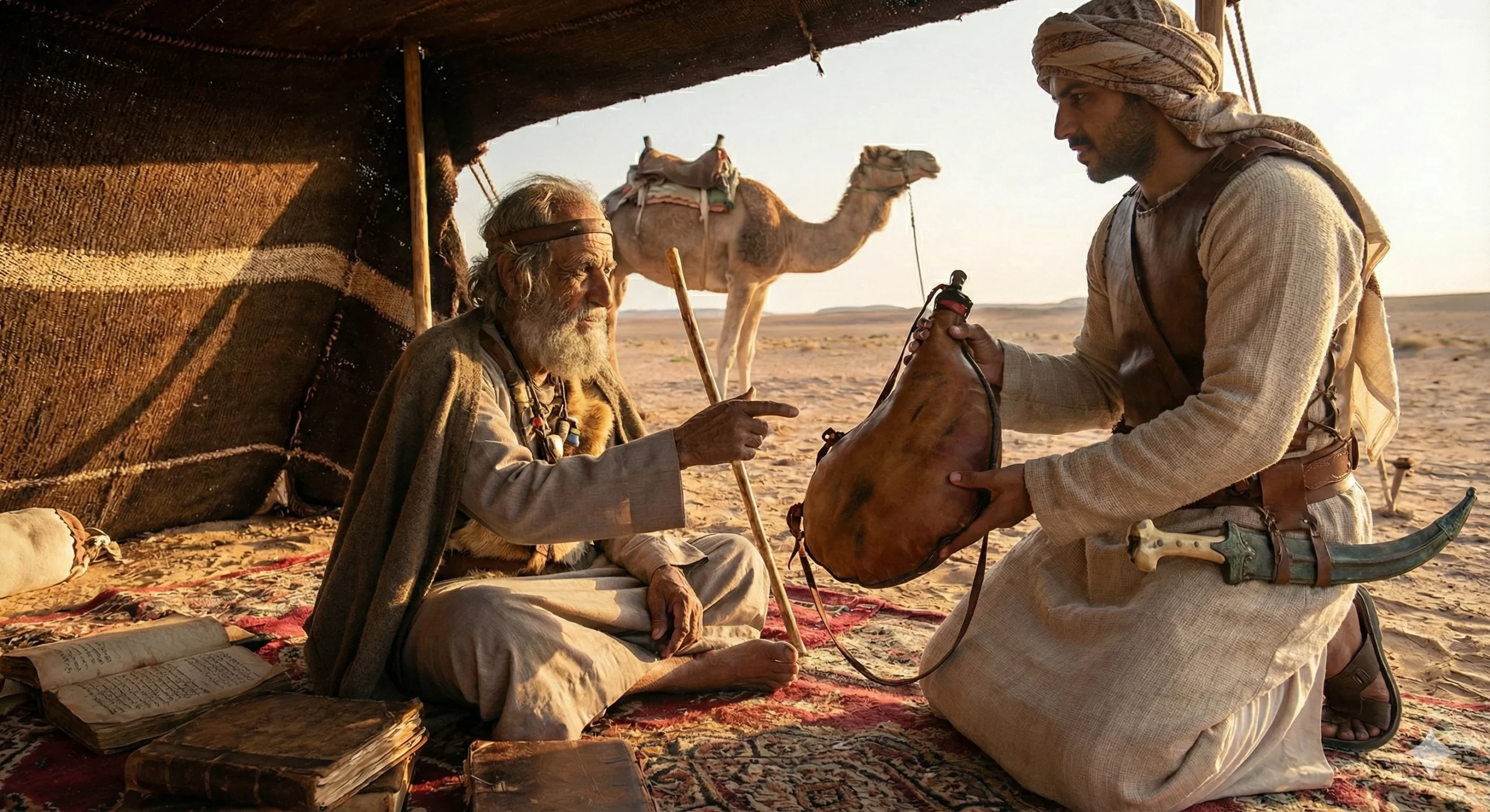 حينَ يُباع الفقر ببيتِ شِعر! في عمق البادية، حيث تُقاس أقدار الرجال بما يملكون من إبلٍ وما يبذلون من كرم، كان "المُحلَّق" يعيش تحت وطأة إرثٍ ثقيل. كان أبوه سيداً جواداً، أفنى ماله في إكرام الضيف حتى مات ولم يترك لابنه سوى سمعة عطرة، وثلاث أخواتٍ عوانس ينتظرن الفرج، وناقة يتيمة هي كل ما تبقى من ثروة العائلة، إضافة إلى بُردين (ثوبين) باليين كان الأب يرتديهما في المحافل.